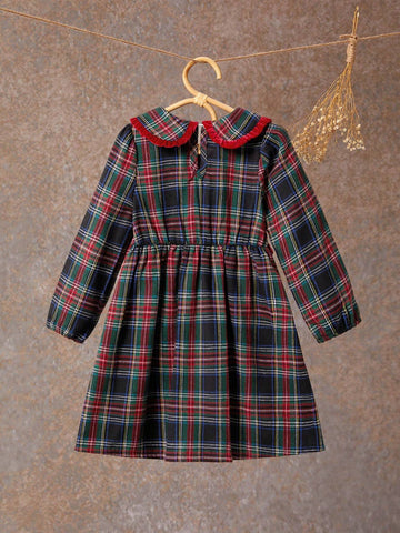 Young Girls Plaid Peter Pan Collar Long Sleeve Dress
