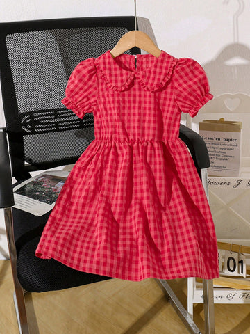 Young Girls Plaid Puff Sleeve Casual Dress For Summer