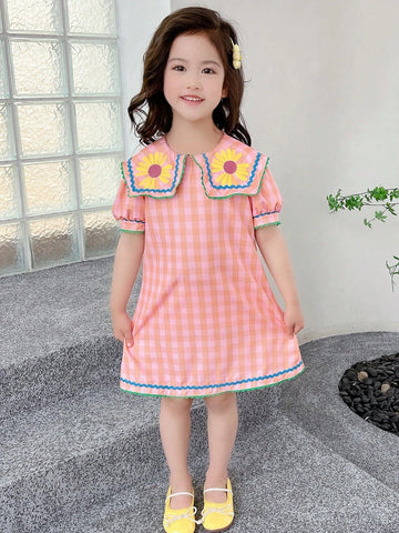 Young Girls' Plaid & Flower Printed Short Sleeve Dress
