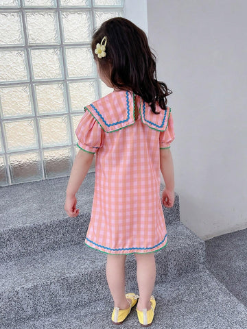 Young Girls' Plaid & Flower Printed Short Sleeve Dress