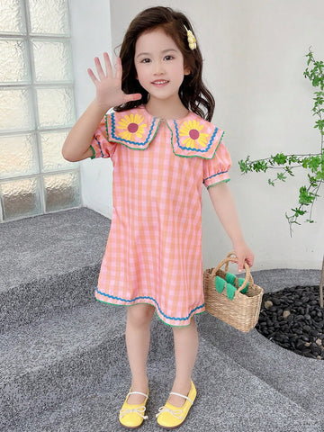 Young Girls' Plaid & Flower Printed Short Sleeve Dress