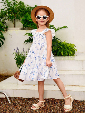 Young Girls Plants Print Ruffle Trim Dress