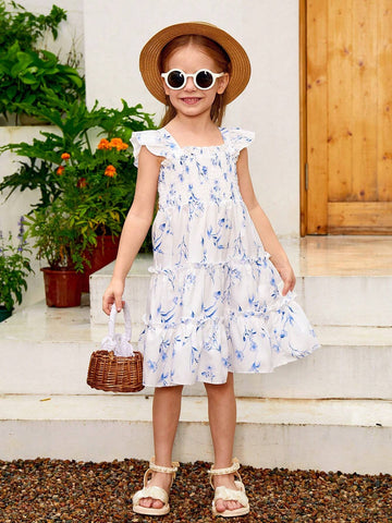 Young Girls Plants Print Ruffle Trim Dress