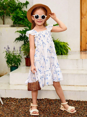 Young Girls Plants Print Ruffle Trim Dress