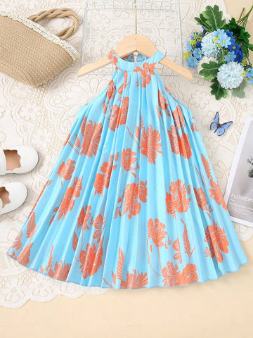 Young Girls' Pleated Halter Neck Dress With Plant Print