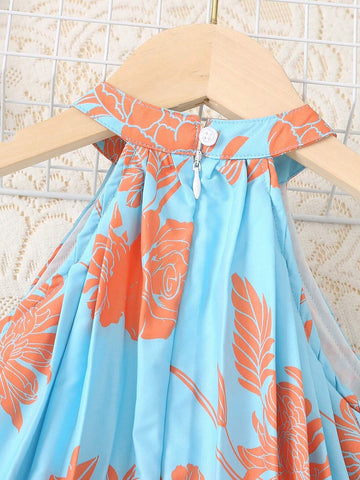 Young Girls' Pleated Halter Neck Dress With Plant Print