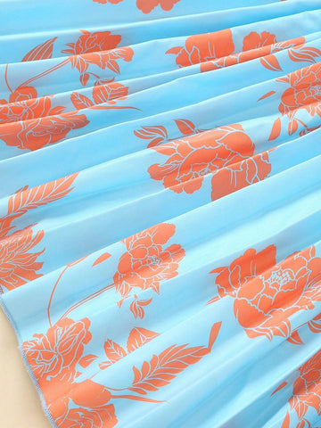 Young Girls' Pleated Halter Neck Dress With Plant Print