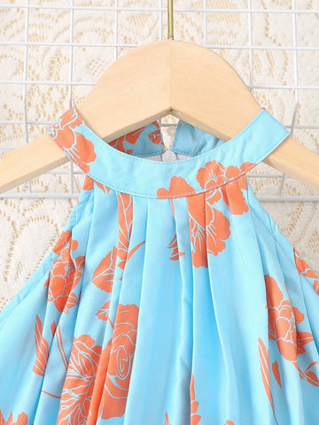 Young Girls' Pleated Halter Neck Dress With Plant Print