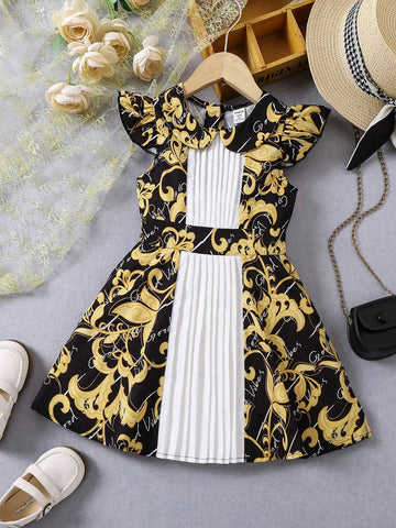 Young Girls' Pleated Short Sleeve Dress With Botanical Print And Patchwork Design