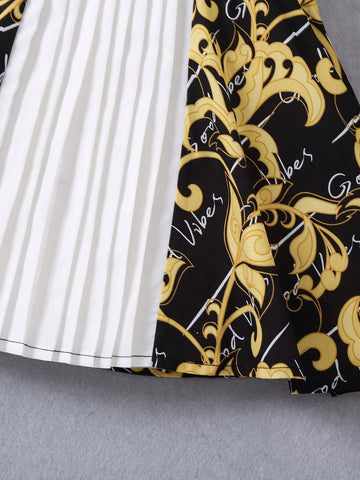 Young Girls' Pleated Short Sleeve Dress With Botanical Print And Patchwork Design