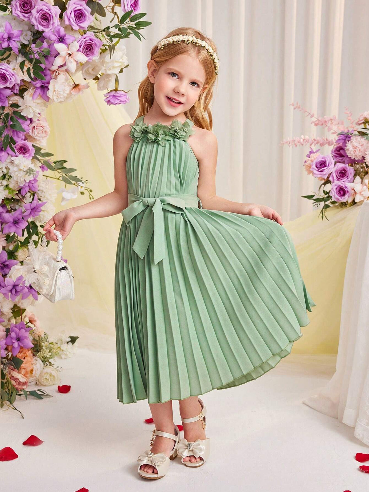 Young Girl's Pleated Sleeveless A-Line Dress With 3d Floral Decor, Loose Fit, Round Neck, Pullover Style