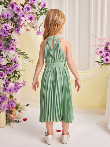 Young Girl's Pleated Sleeveless A-Line Dress With 3d Floral Decor, Loose Fit, Round Neck, Pullover Style