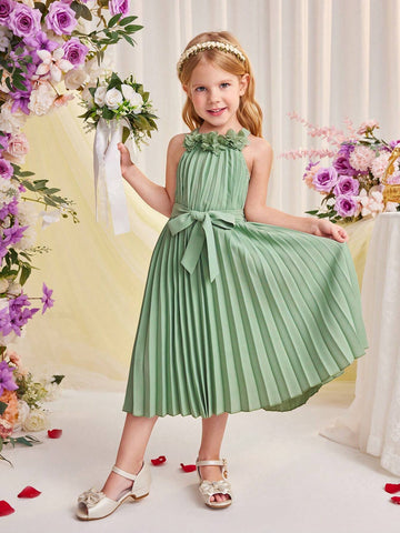 Young Girl's Pleated Sleeveless A-Line Dress With 3d Floral Decor, Loose Fit, Round Neck, Pullover Style