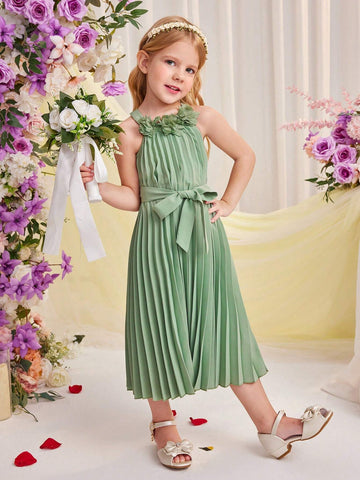 Young Girl's Pleated Sleeveless A-Line Dress With 3d Floral Decor, Loose Fit, Round Neck, Pullover Style