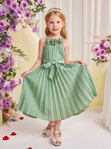 Young Girl's Pleated Sleeveless A-Line Dress With 3d Floral Decor, Loose Fit, Round Neck, Pullover Style