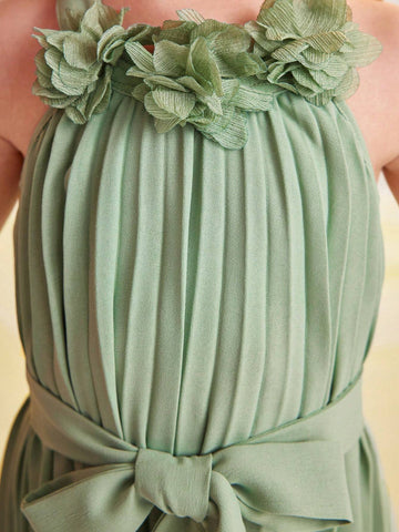 Young Girl's Pleated Sleeveless A-Line Dress With 3d Floral Decor, Loose Fit, Round Neck, Pullover Style