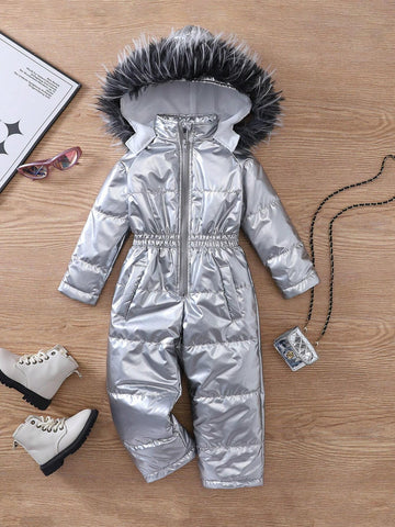 Young Girl's Plush Hooded Silver Fleece Jumpsuit, Warm & Cool Y2K Fashion Casual Outdoor Coverall, New Winter Collection