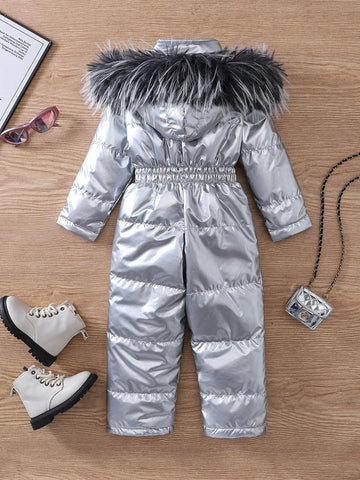 Young Girl's Plush Hooded Silver Fleece Jumpsuit, Warm & Cool Y2K Fashion Casual Outdoor Coverall, New Winter Collection