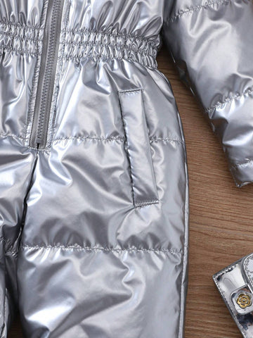 Young Girl's Plush Hooded Silver Fleece Jumpsuit, Warm & Cool Y2K Fashion Casual Outdoor Coverall, New Winter Collection