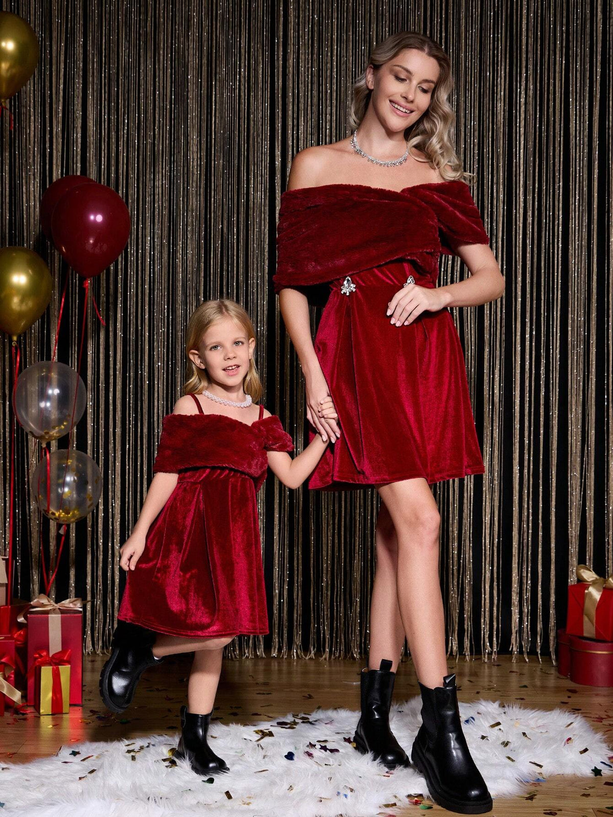 Young Girls Plush Patchwork Off Shoulder A-Line Ruffle Hem Fashionable Party Christmas Dress, Autumn/Winter