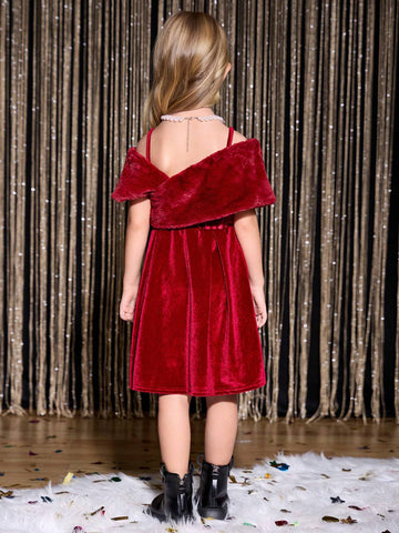 Young Girls Plush Patchwork Off Shoulder A-Line Ruffle Hem Fashionable Party Christmas Dress, Autumn/Winter