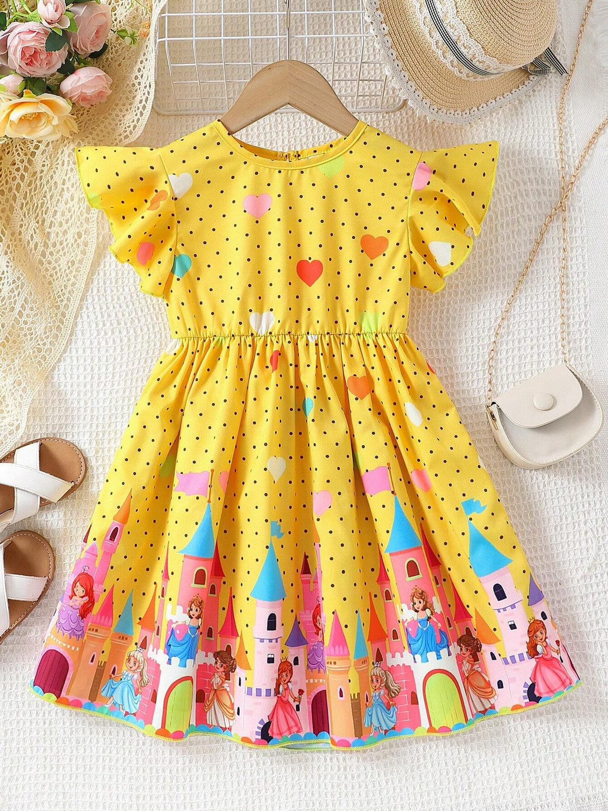 Young Girls Polka Dot Castle Princess Heart Print Dress