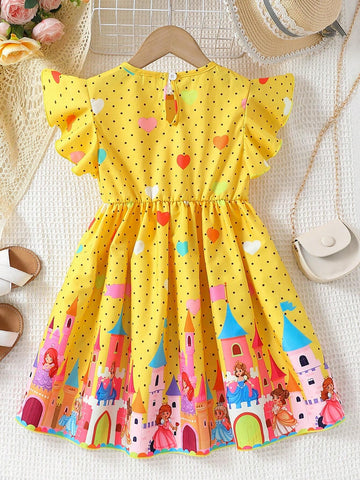 Young Girls Polka Dot Castle Princess Heart Print Dress