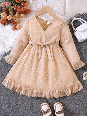 Young Girls Polka Dot Jacquard V-Neck Chiffon Fashion Dress, Spring/Autumn