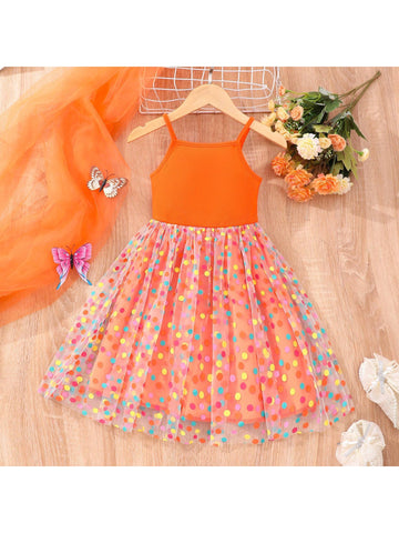 Young Girls' Polka Dot Mesh Patchwork Halter Neck Dress For Summer