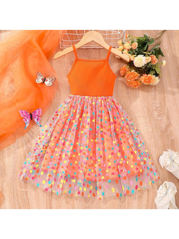 Young Girls' Polka Dot Mesh Patchwork Halter Neck Dress For Summer