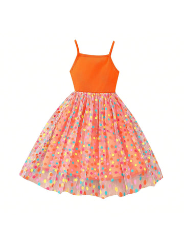 Young Girls' Polka Dot Mesh Patchwork Halter Neck Dress For Summer