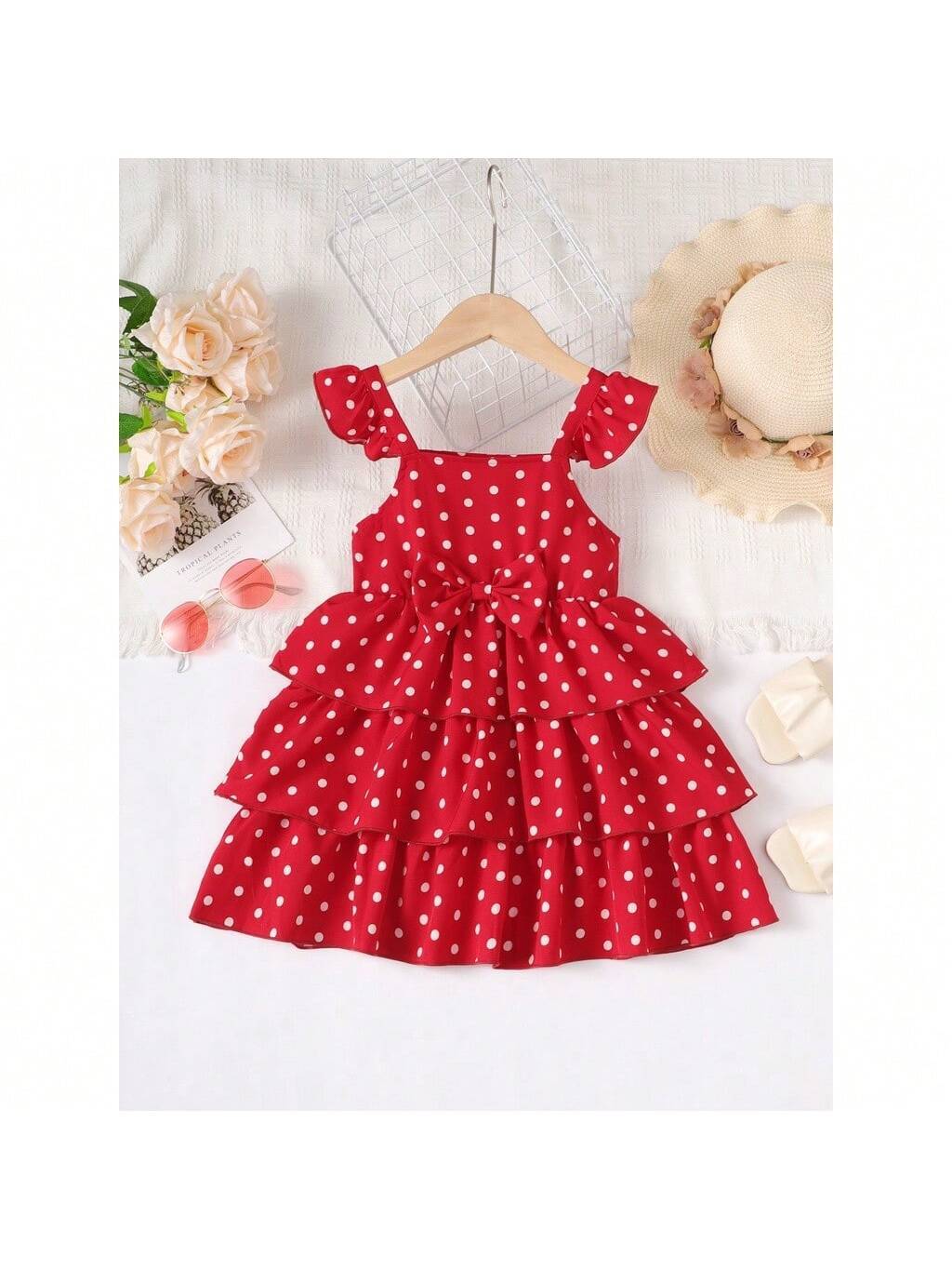 Young Girls' Polka Dot Printed Flutter Sleeve Cake Dress With Bow Detail, Summer