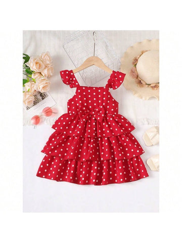 Young Girls' Polka Dot Printed Flutter Sleeve Cake Dress With Bow Detail, Summer