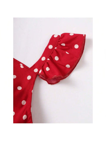 Young Girls' Polka Dot Printed Flutter Sleeve Cake Dress With Bow Detail, Summer
