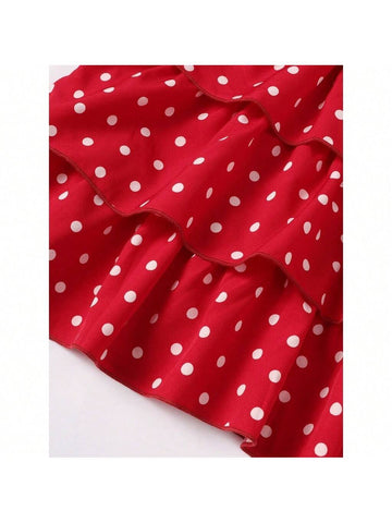 Young Girls' Polka Dot Printed Flutter Sleeve Cake Dress With Bow Detail, Summer
