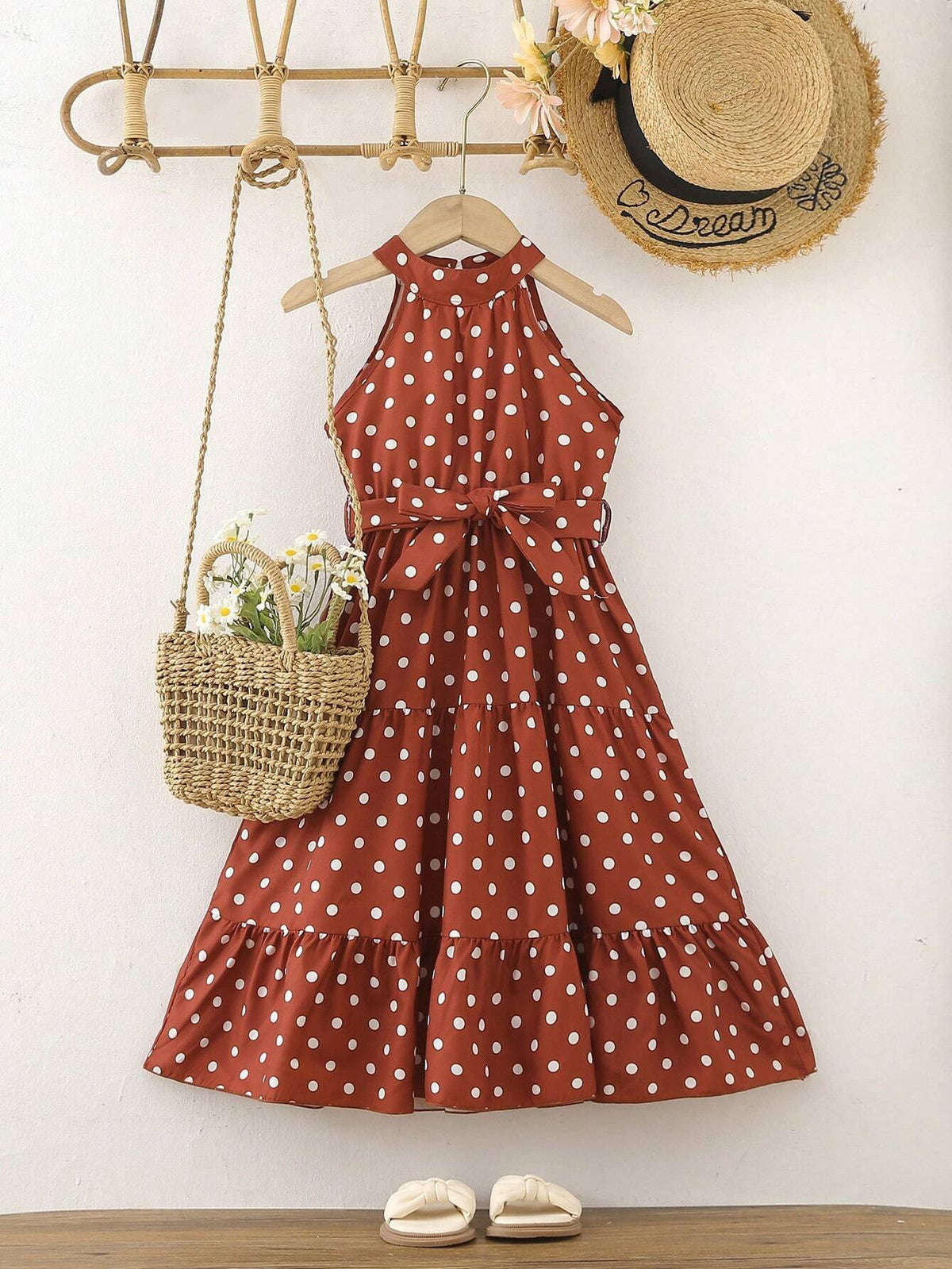 Young Girl's Polka Dot Printed Halterneck Dress With Ruffled Hemline & Waist Tie, Suitable For Beach Vacation, Summer