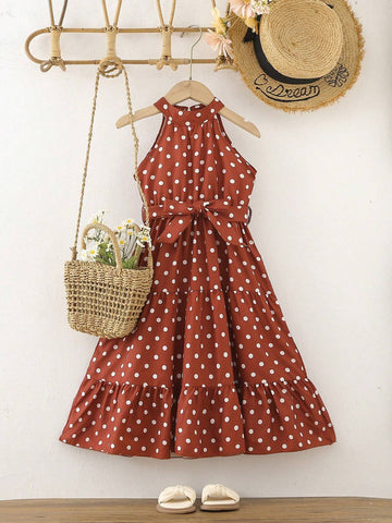 Young Girl's Polka Dot Printed Halterneck Dress With Ruffled Hemline & Waist Tie, Suitable For Beach Vacation, Summer
