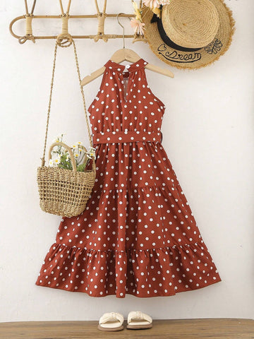 Young Girl's Polka Dot Printed Halterneck Dress With Ruffled Hemline & Waist Tie, Suitable For Beach Vacation, Summer