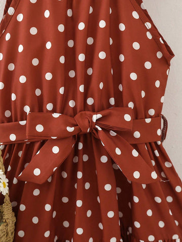 Young Girl's Polka Dot Printed Halterneck Dress With Ruffled Hemline & Waist Tie, Suitable For Beach Vacation, Summer