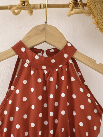 Young Girl's Polka Dot Printed Halterneck Dress With Ruffled Hemline & Waist Tie, Suitable For Beach Vacation, Summer