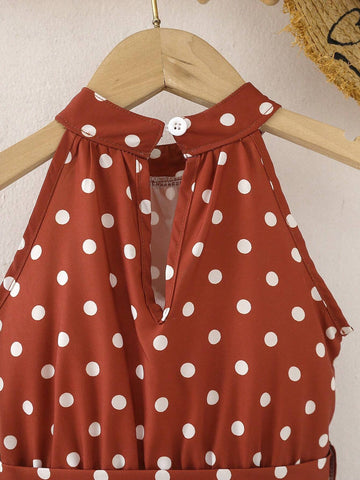 Young Girl's Polka Dot Printed Halterneck Dress With Ruffled Hemline & Waist Tie, Suitable For Beach Vacation, Summer