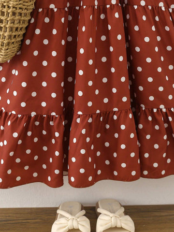 Young Girl's Polka Dot Printed Halterneck Dress With Ruffled Hemline & Waist Tie, Suitable For Beach Vacation, Summer