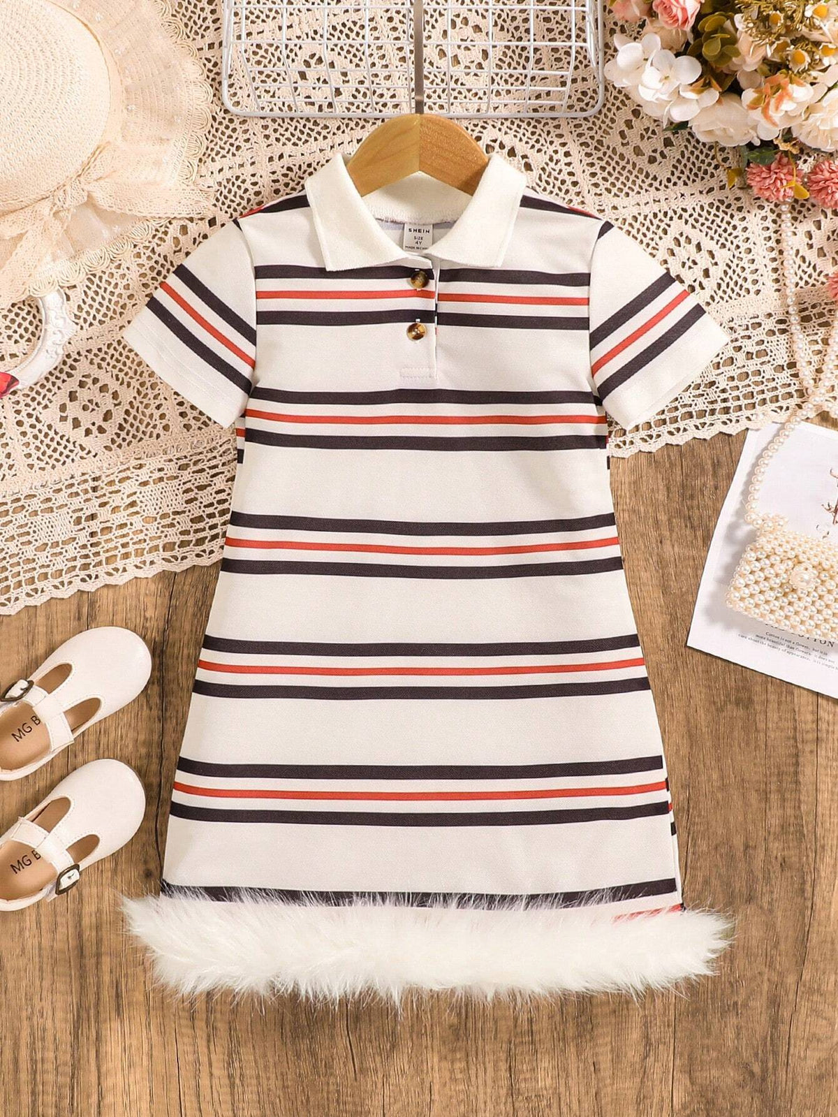 Young Girls' Polo Collar Patchwork Faux Fur Hemline Dress