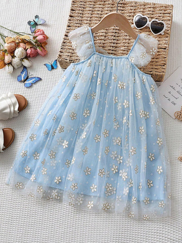 Young Girl's Princess Style Flower Print Mesh Dress