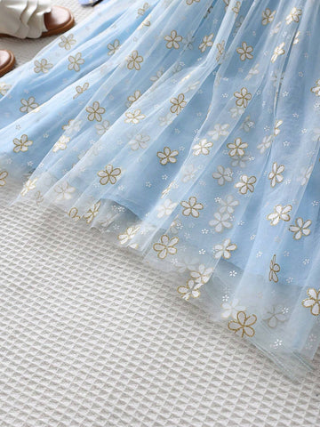 Young Girl's Princess Style Flower Print Mesh Dress