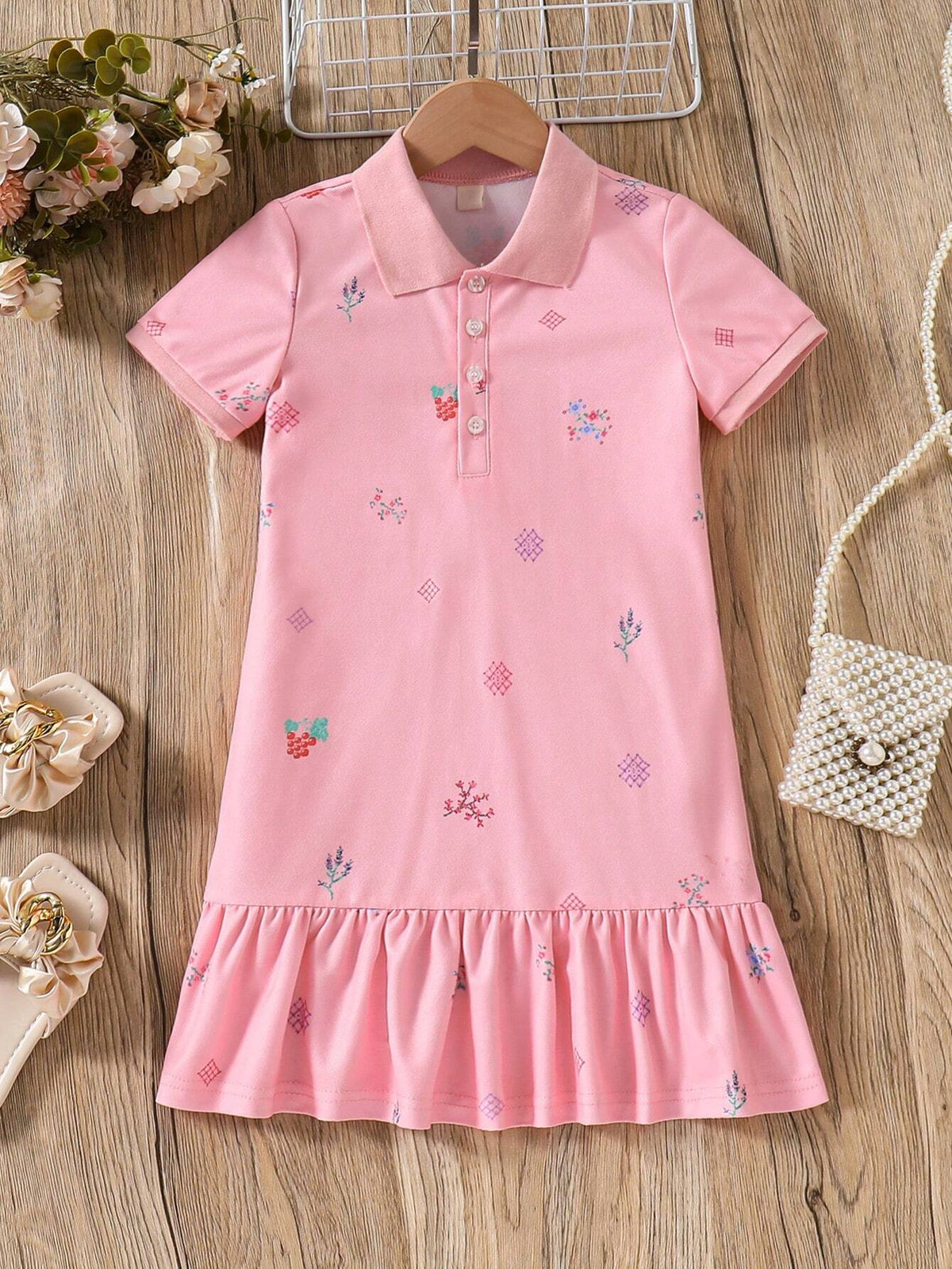 Young Girls' Printed Polo Dress With Ruffle Hem, Perfect For Back-To-School, Casual Wear, Sports And Summer Vacation, Summer
