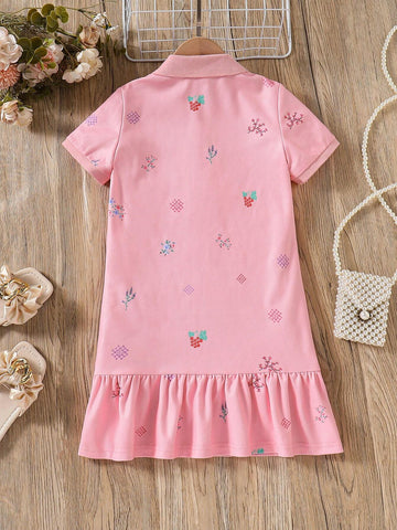 Young Girls' Printed Polo Dress With Ruffle Hem, Perfect For Back-To-School, Casual Wear, Sports And Summer Vacation, Summer