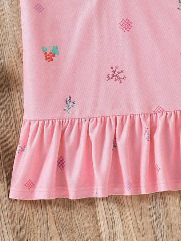 Young Girls' Printed Polo Dress With Ruffle Hem, Perfect For Back-To-School, Casual Wear, Sports And Summer Vacation, Summer