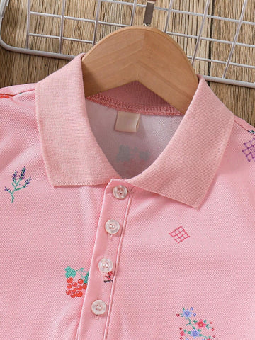 Young Girls' Printed Polo Dress With Ruffle Hem, Perfect For Back-To-School, Casual Wear, Sports And Summer Vacation, Summer