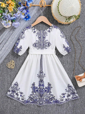 Young Girls' Printed Short-Sleeved Dress